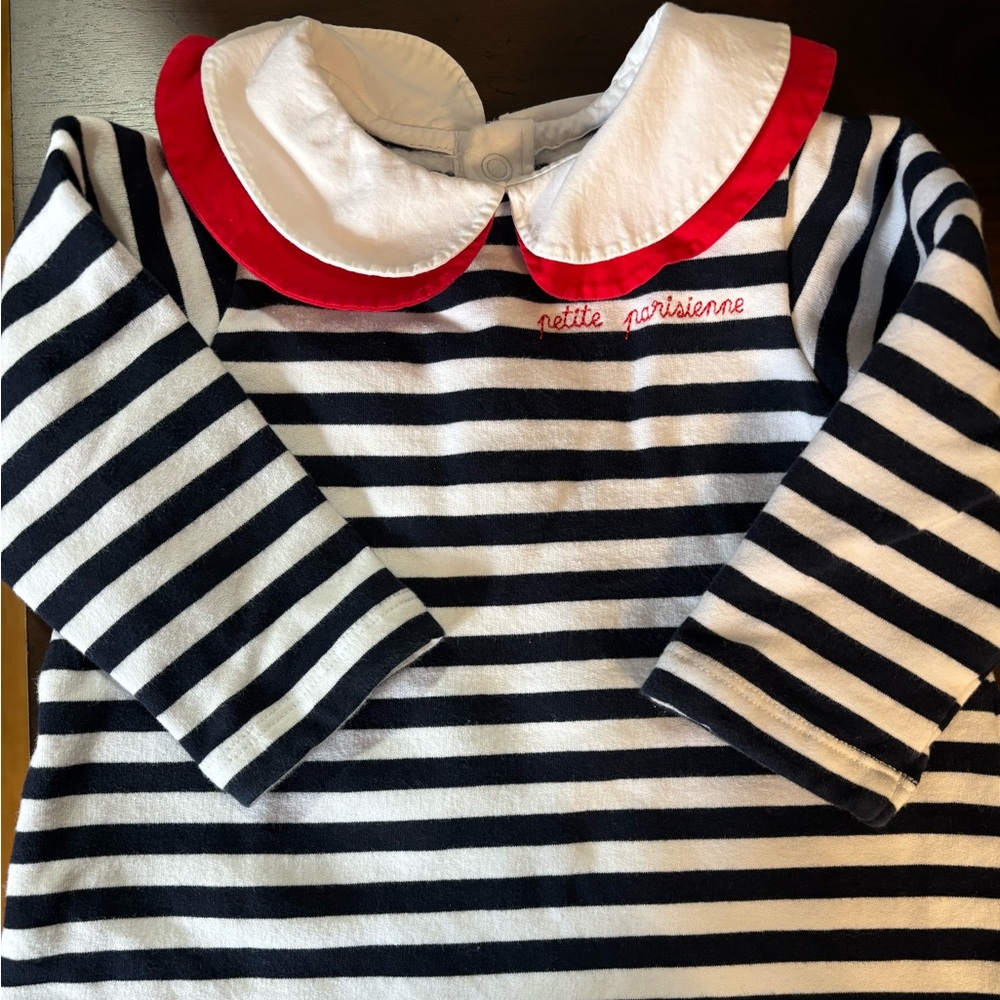 Jacadi Navy and White Striped Dress with Red Collar